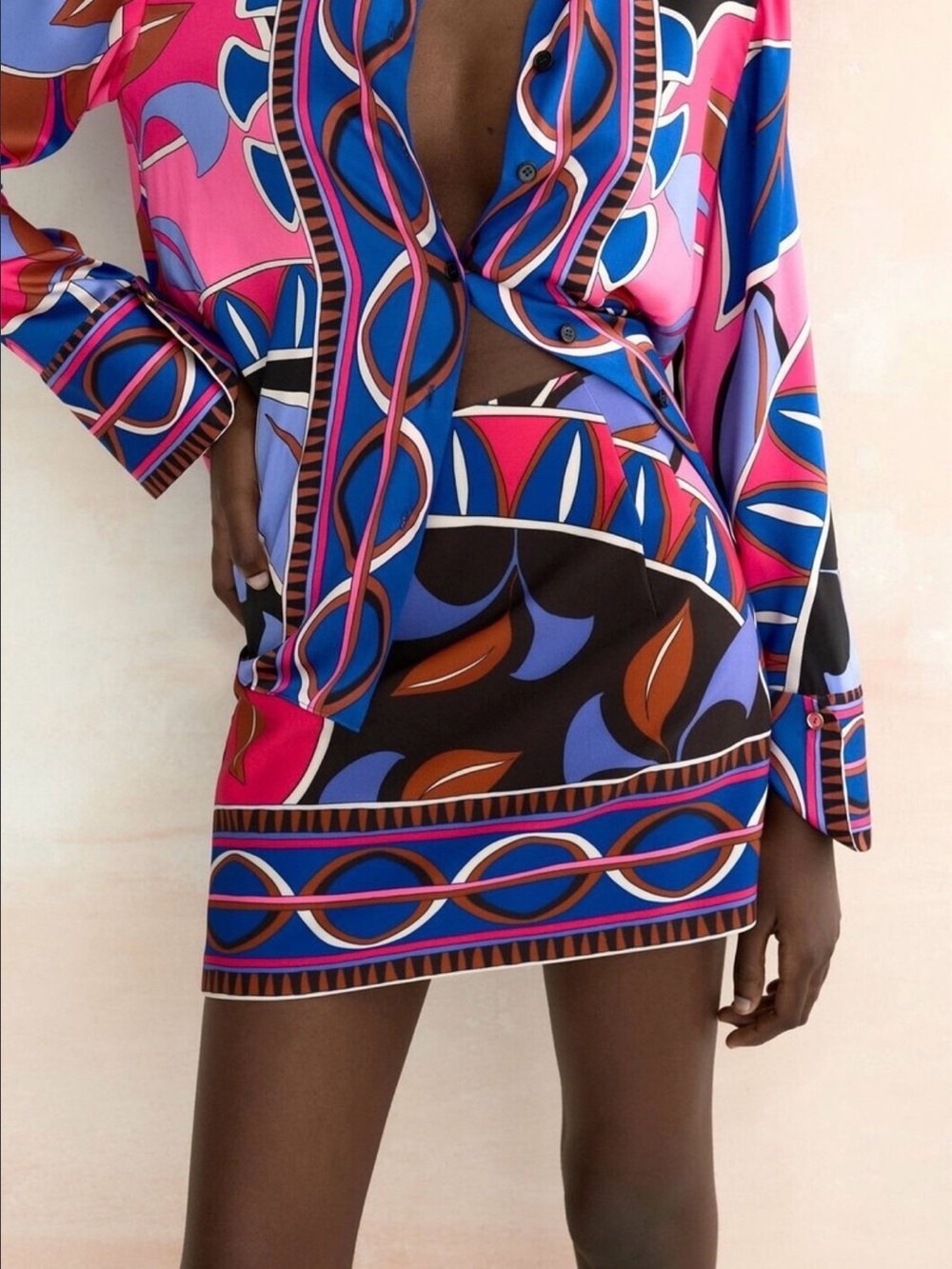Zara Pink, Blue & Black Printed Blouse and Skirt Set